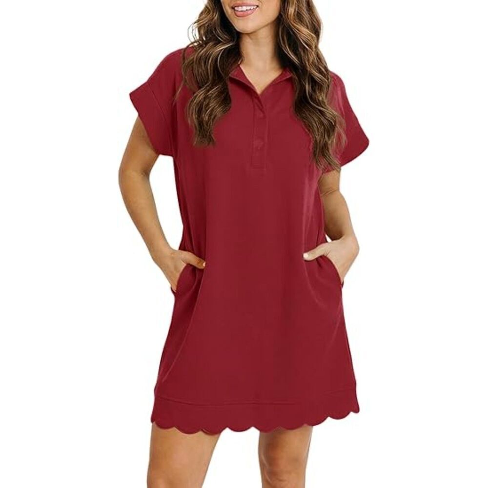 Women's Burgundy Blend Collared V Neck Short Sleeve A Line Casual Mini Dress